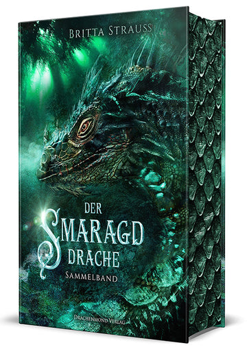 Das grüne Cover zeigt mittig das Profil eines grünen Drachenkopfs. Darunter sieht man den Titel, darüber einen angedeuteten Wald. Der Farbschnitt des Buches zeigt grüne Drachenschuppen.